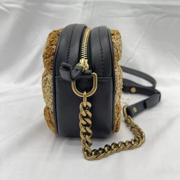 NEW TORY BURCH Womens Kira Chevron Raffia Rosette Small Camera Bag Brown Multi - Picture 10 of 14